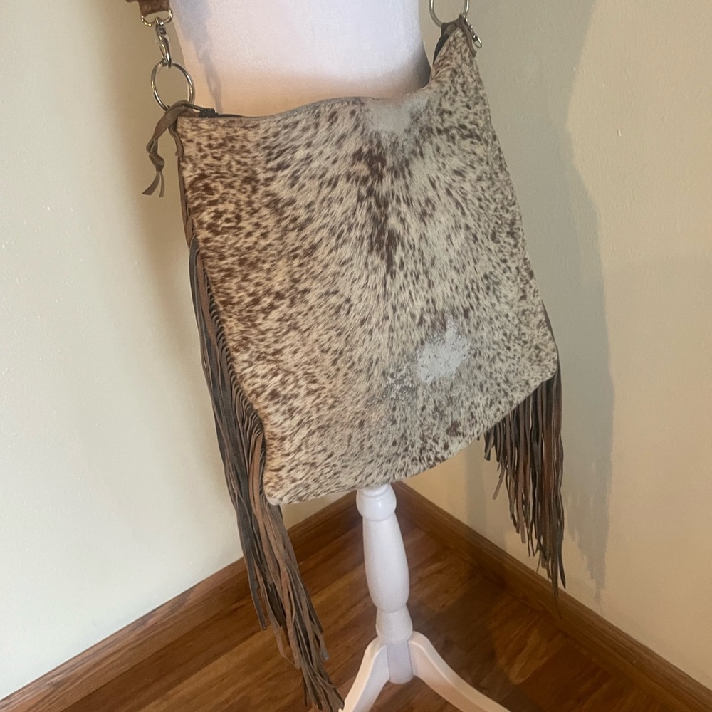 Cowhide Fringe Crossbody Bag - Brown Speckled